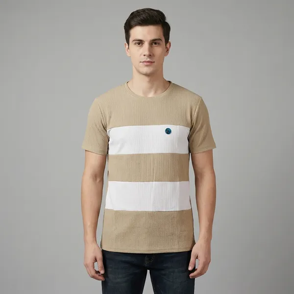 Tan_And_White_Striped_Casual_T-Shirt_For_Men