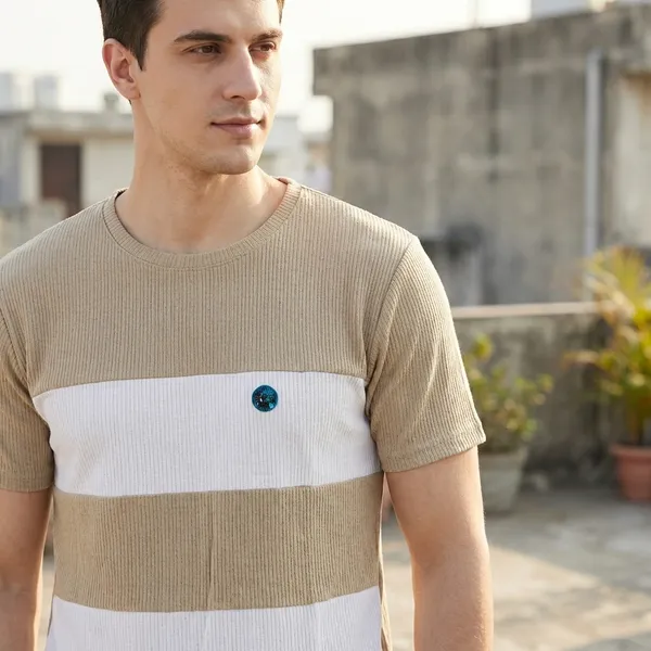 Tan_And_White_Striped_Casual_T-Shirt_For_Men