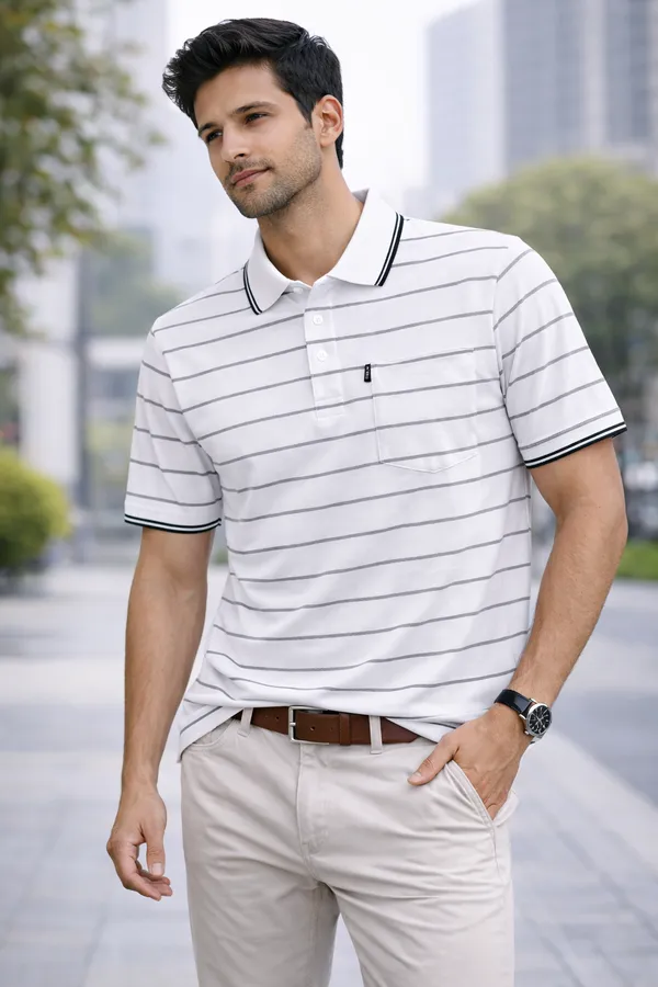 Men'S_White_Striped_Long_Sleeve_Polo_T-Shirt_With_Half_Zip_Collar