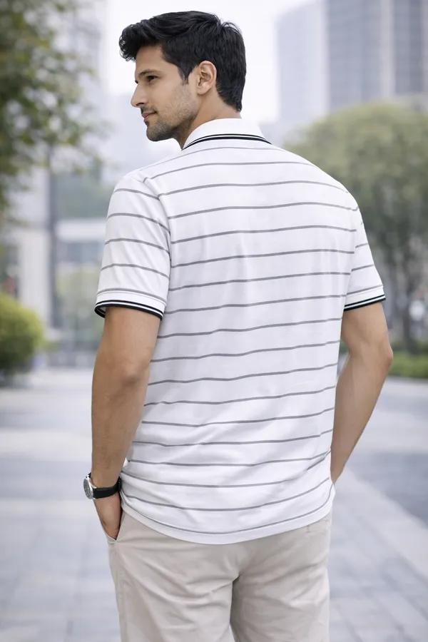 Men'S_White_Striped_Long_Sleeve_Polo_T-Shirt_With_Half_Zip_Collar