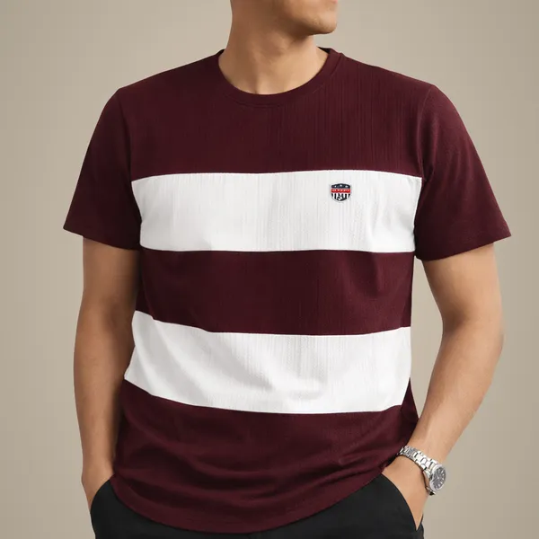 Men'S_Maroon_And_White_Striped_Cotton_T-Shirt_With_Chest_Pocket