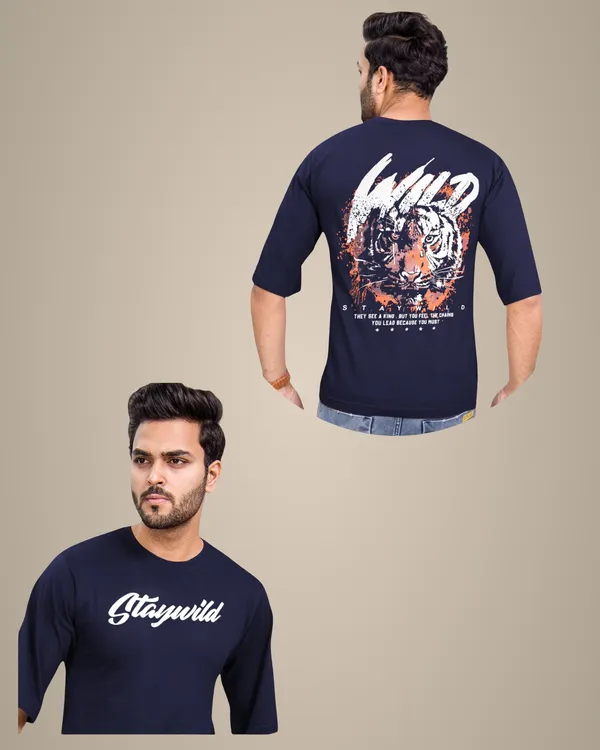 Men'S_Navy_Blue_Graphic_Print_T-Shirt_-_Hip_Hop_Down_Shoulder_Looper_With_Front_&_Back_Print