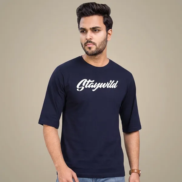 Men'S_Navy_Blue_Graphic_Print_T-Shirt_-_Hip_Hop_Down_Shoulder_Looper_With_Front_&_Back_Print