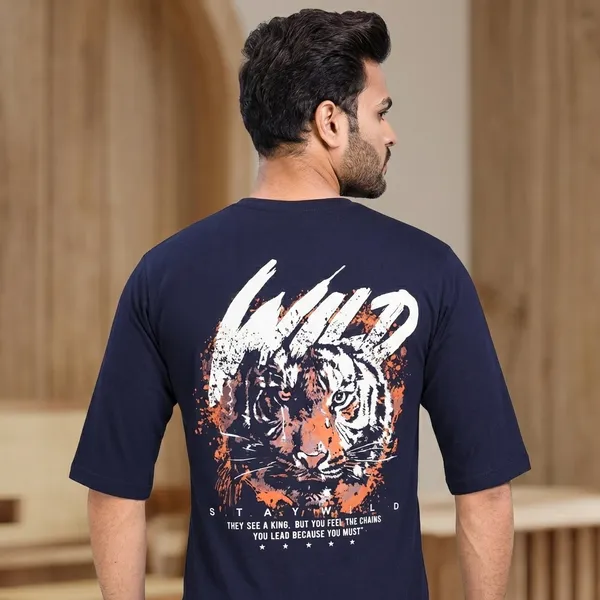 Men'S_Navy_Blue_Graphic_Print_T-Shirt_-_Hip_Hop_Down_Shoulder_Looper_With_Front_&_Back_Print