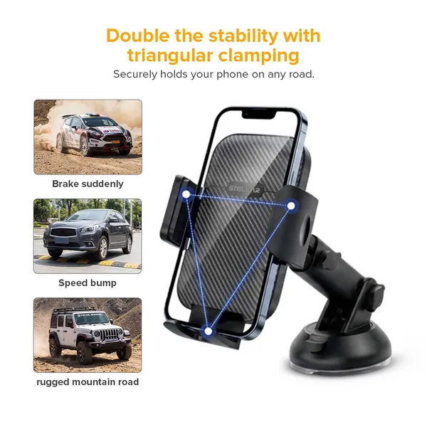 STELLAR_DRIVE_Car_Mobile_Phone_Holder,_Stand_for_Dashboard_&_Windshield_with_Strong_Suction_Cup,_360°_Rotation_Adjustable_Arm,_One_Hand_Operation,_Compatible_with_4_to_7_inch_Devices_(Black)