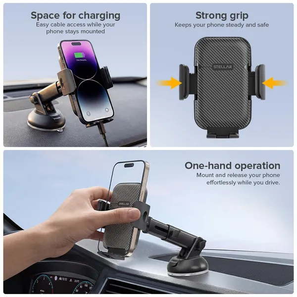 STELLAR_DRIVE_Car_Mobile_Phone_Holder,_Stand_for_Dashboard_&_Windshield_with_Strong_Suction_Cup,_360°_Rotation_Adjustable_Arm,_One_Hand_Operation,_Compatible_with_4_to_7_inch_Devices_(Black)