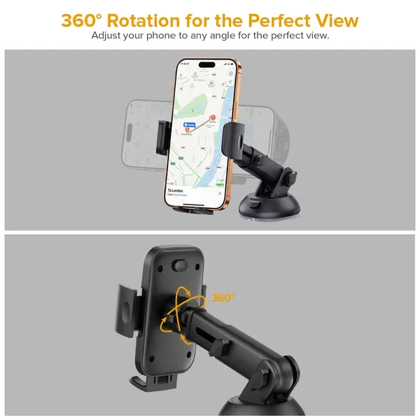 STELLAR_DRIVE_Car_Mobile_Phone_Holder,_Stand_for_Dashboard_&_Windshield_with_Strong_Suction_Cup,_360°_Rotation_Adjustable_Arm,_One_Hand_Operation,_Compatible_with_4_to_7_inch_Devices_(Black)