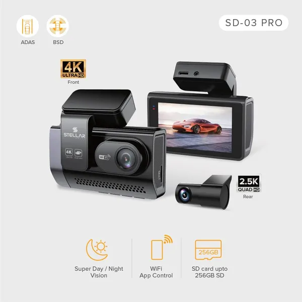STELLAR_DRIVE_SD-03_Pro_4k_Dual_Dash_Cam_|_4K_Front_+_2.5K_Rear_Camera_|_WiFi_App_Control_|_HD_Resolution_|_3.0”_IPS_Screen_|_Night_Vision_|_140°_Wide_Angle_|_Loop_Recording_|_G-Sensor