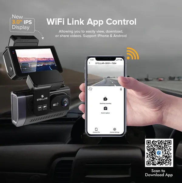 STELLAR_DRIVE_SD-03_Pro_4k_Dual_Dash_Cam_|_4K_Front_+_2.5K_Rear_Camera_|_WiFi_App_Control_|_HD_Resolution_|_3.0”_IPS_Screen_|_Night_Vision_|_140°_Wide_Angle_|_Loop_Recording_|_G-Sensor