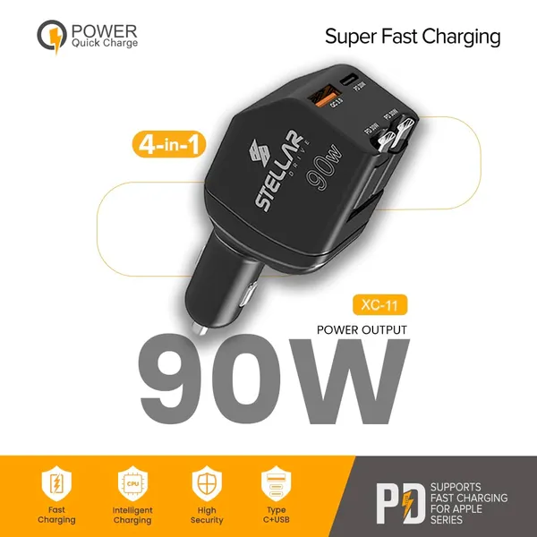 Stellar_Drive_XC-11_4-in-1_Car_Charger_90W,_Built-in_Retractable_USB-C_Cables,_USB-C_PD_30W_+_QC_3.0,_Super_Fast_Charging,_Compact_Car_Phone_Charger_iPhone_Android_Tablet_GPS_–_Matte_Black
