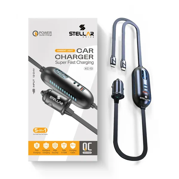 Stellar_Drive_XC-13_112W_Car_Charger_Fast_Charging,_5-in-1_USB_C_&_USB_A_Multi_Port_with_1.5M_Extension_Cable,_QC3.0_Super_Fast_Car_Phone_Charger_for_iPhone_Android_iPad_–_Space_Gray