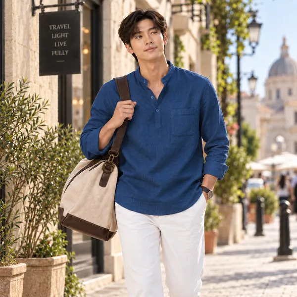 Navy_Blue_Hemp_Full_Sleeve_Short_Kurta_For_Men