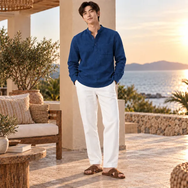 Navy_Blue_Hemp_Full_Sleeve_Short_Kurta_For_Men