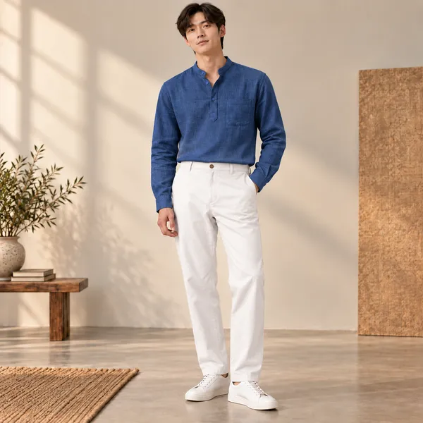 Navy_Blue_Hemp_Full_Sleeve_Short_Kurta_For_Men