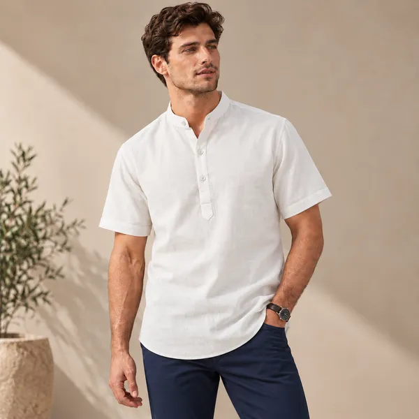 White_Hemp_Half_Sleeve_Short_Kurta_For_Men