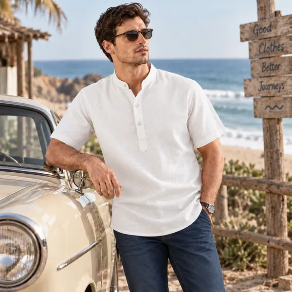 White_Hemp_Half_Sleeve_Short_Kurta_For_Men