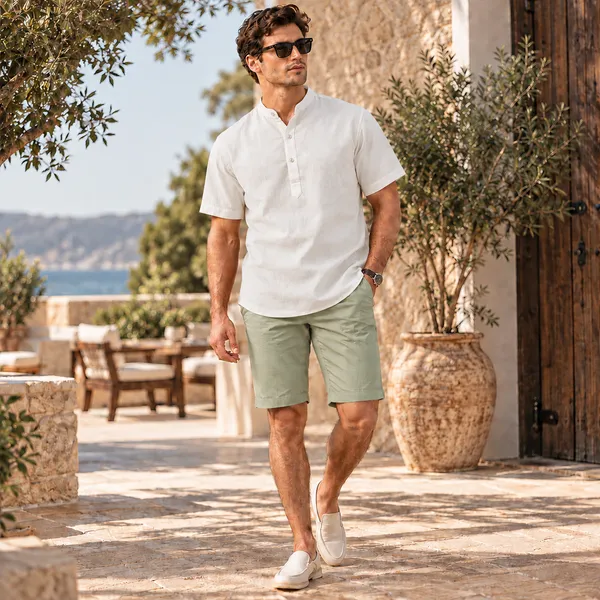 White_Hemp_Half_Sleeve_Short_Kurta_For_Men