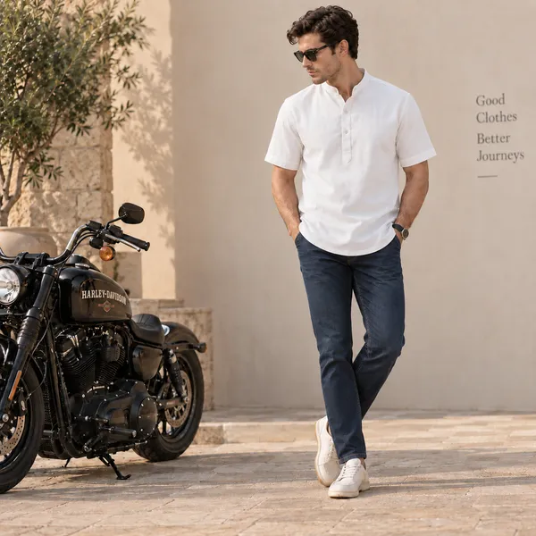 White_Hemp_Half_Sleeve_Short_Kurta_For_Men