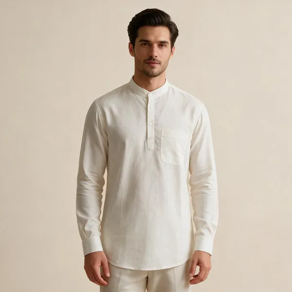 White_Hemp_Half_Sleeve_Short_Kurta_For_Men