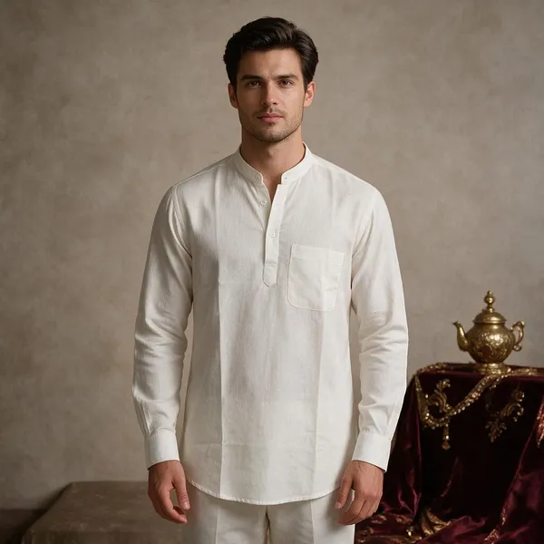 White_Hemp_Half_Sleeve_Short_Kurta_For_Men