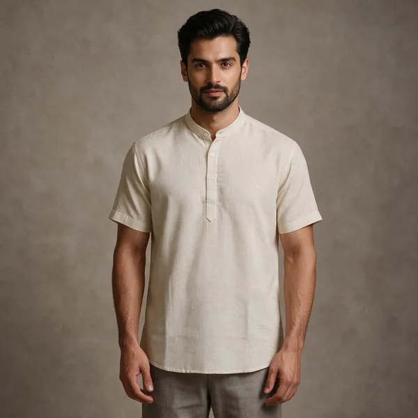 Cream_Hemp_Half_Sleeve_Short_Kurta_For_Men