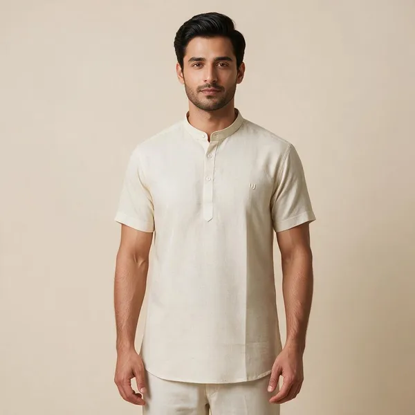 Cream_Hemp_Half_Sleeve_Short_Kurta_For_Men