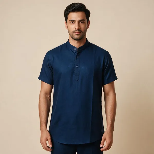 Navy_Blue_Hemp_Half_Sleeve_Short_Kurta_For_Men