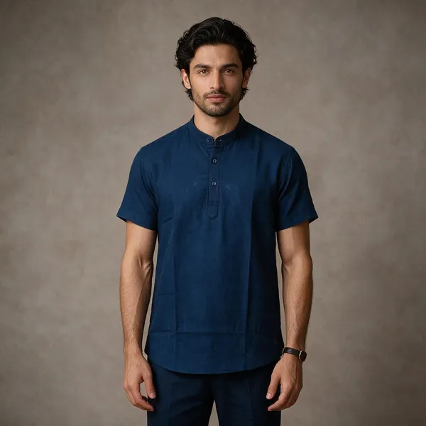 Navy_Blue_Hemp_Half_Sleeve_Short_Kurta_For_Men