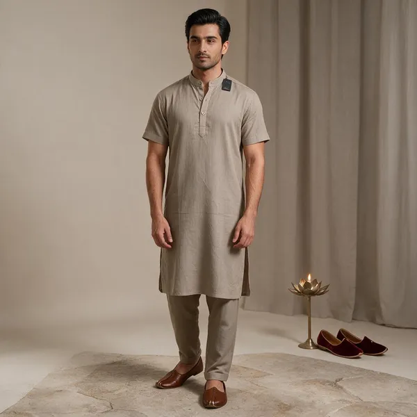 Sand_Hemp_Half_Sleeve_Short_Kurta_For_Men
