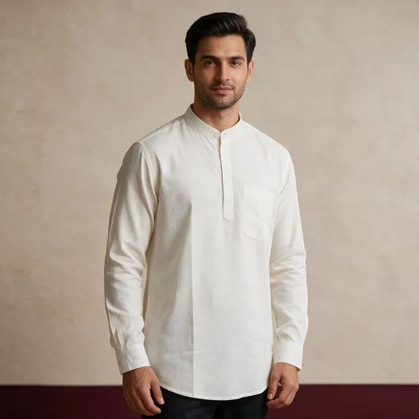 White_Hemp_Full_Sleeve_Short_Kurta_For_Men