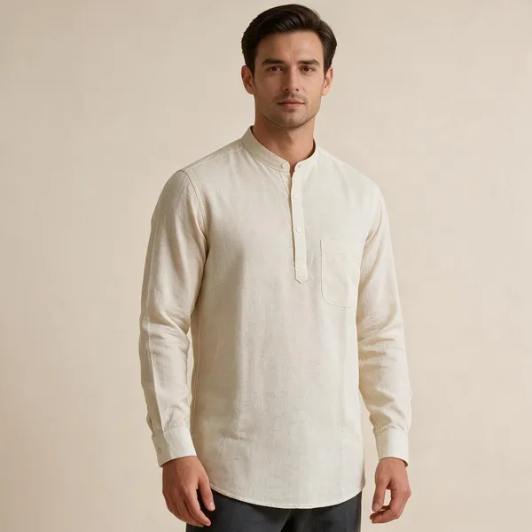 Cream_Hemp_Full_Sleeve_Short_Kurta_For_Men