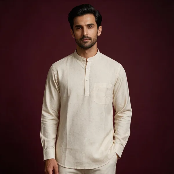 Cream_Hemp_Full_Sleeve_Short_Kurta_For_Men