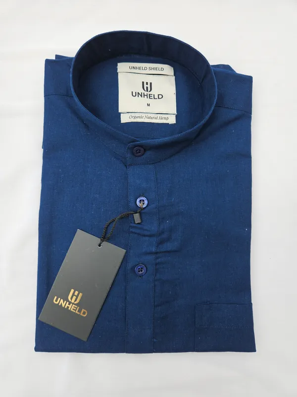 Navy_Blue_Hemp_Full_Sleeve_Short_Kurta_For_Men
