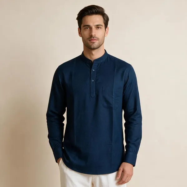 Navy_Blue_Hemp_Full_Sleeve_Short_Kurta_For_Men