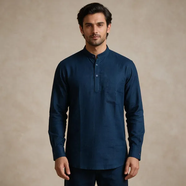 Navy_Blue_Hemp_Full_Sleeve_Short_Kurta_For_Men