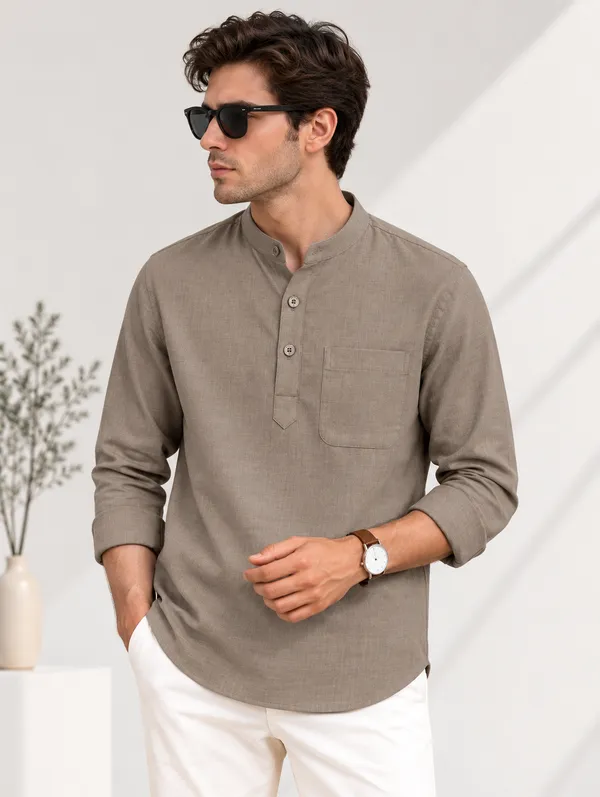 Sand_Hemp_Full_Sleeve_Short_Kurta_For_Men