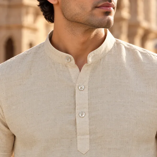 Natural_Cream_Hemp_Half_Sleeve_Short_Kurta_For_Men