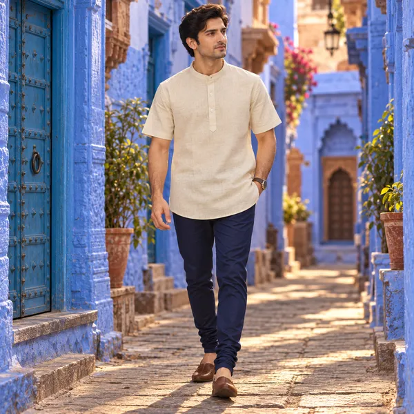 Natural_Cream_Hemp_Half_Sleeve_Short_Kurta_For_Men