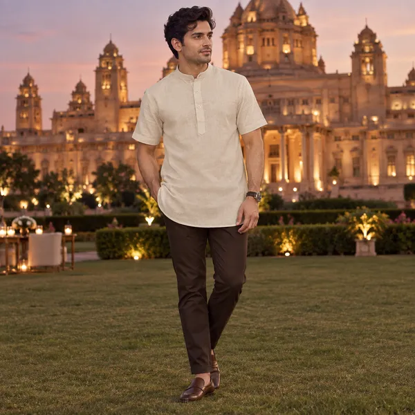 Natural_Cream_Hemp_Half_Sleeve_Short_Kurta_For_Men