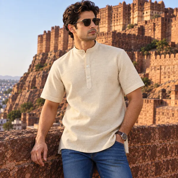 Natural_Cream_Hemp_Half_Sleeve_Short_Kurta_For_Men