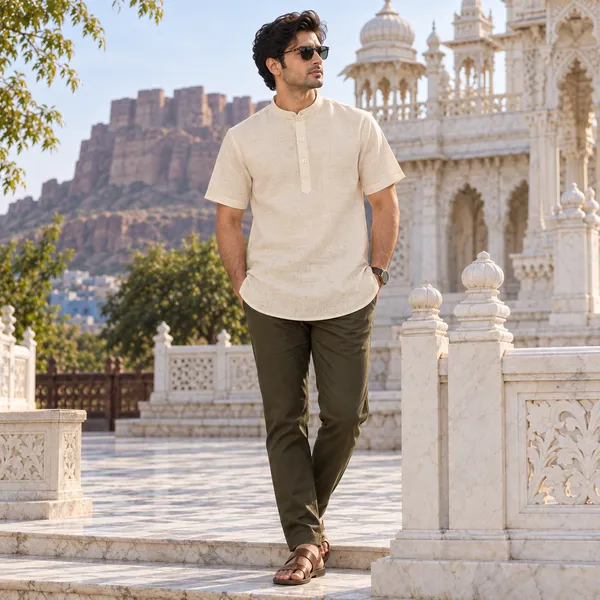 Natural_Cream_Hemp_Half_Sleeve_Short_Kurta_For_Men