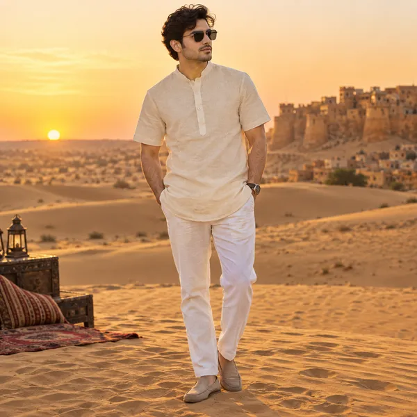 Natural_Cream_Hemp_Half_Sleeve_Short_Kurta_For_Men