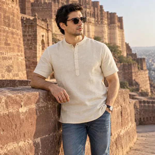 Natural_Cream_Hemp_Half_Sleeve_Short_Kurta_For_Men