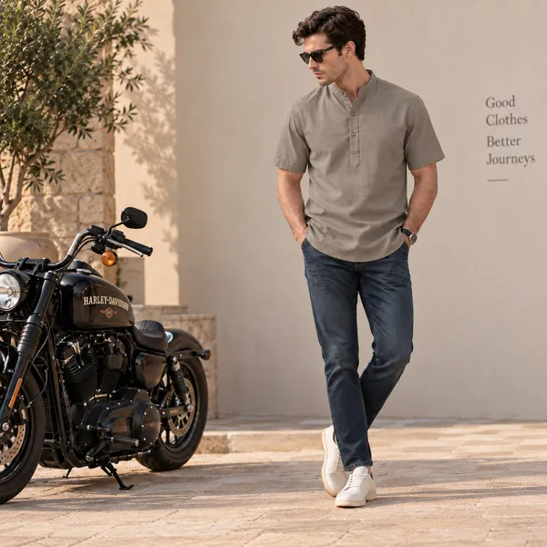 Sand_Hemp_Half_Sleeve_Short_Kurta_For_Men