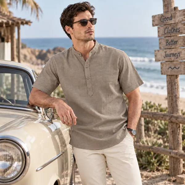 Sand_Hemp_Half_Sleeve_Short_Kurta_For_Men