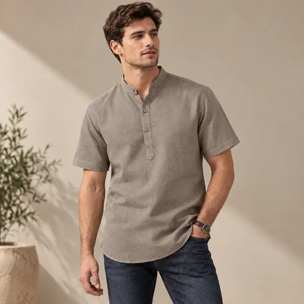 Sand_Hemp_Half_Sleeve_Short_Kurta_For_Men
