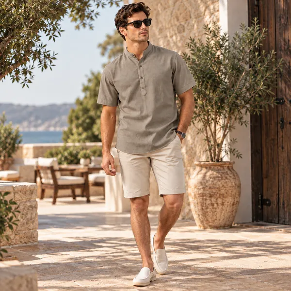 Sand_Hemp_Half_Sleeve_Short_Kurta_For_Men