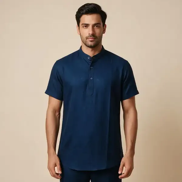 Navy_Blue_Hemp_Half_Sleeve_Short_Kurta_For_Men