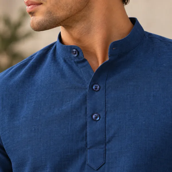 Navy_Blue_Hemp_Half_Sleeve_Short_Kurta_For_Men