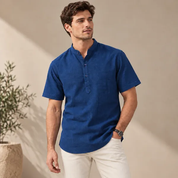 Navy_Blue_Hemp_Half_Sleeve_Short_Kurta_For_Men